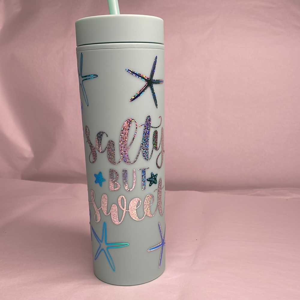Skinny Tumbler handmade vinyl decals starfish‎ silver and blue 16oz. Bpa …